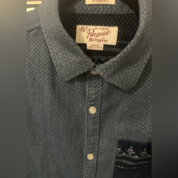 Penguin Classic Fit Blue White Geometric Print Pocket L/S Shirt M - Picture 3 of 6